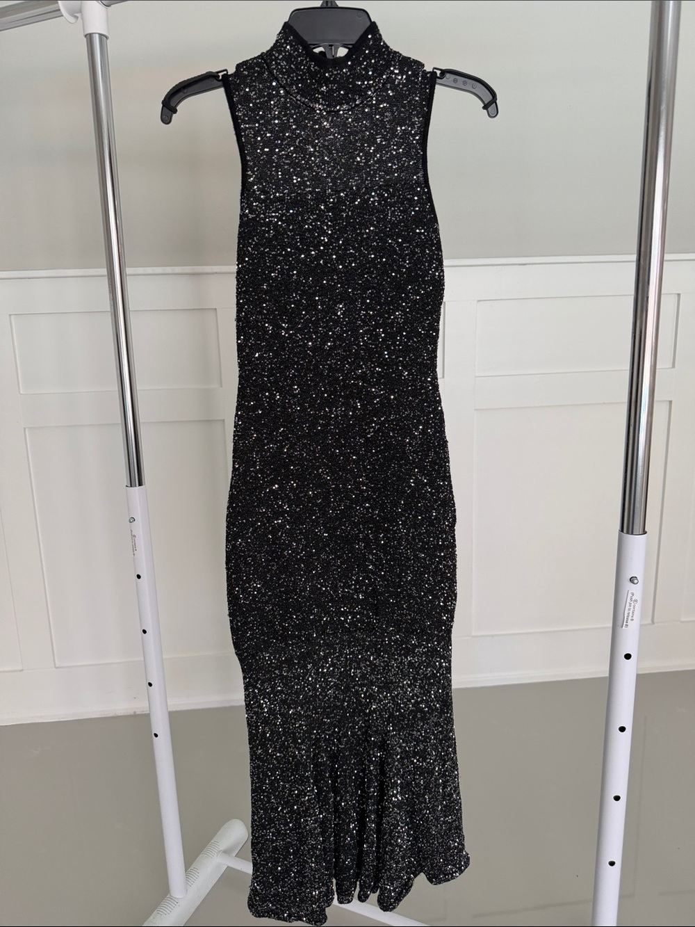 Avec Les Filles Black Sparkle Sleeveless Mock Neck Midi Dress